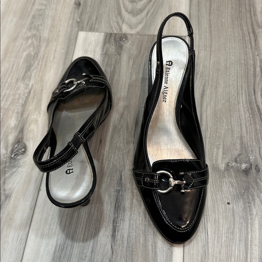 Black vintage Slingback Heels with Silver Buckle